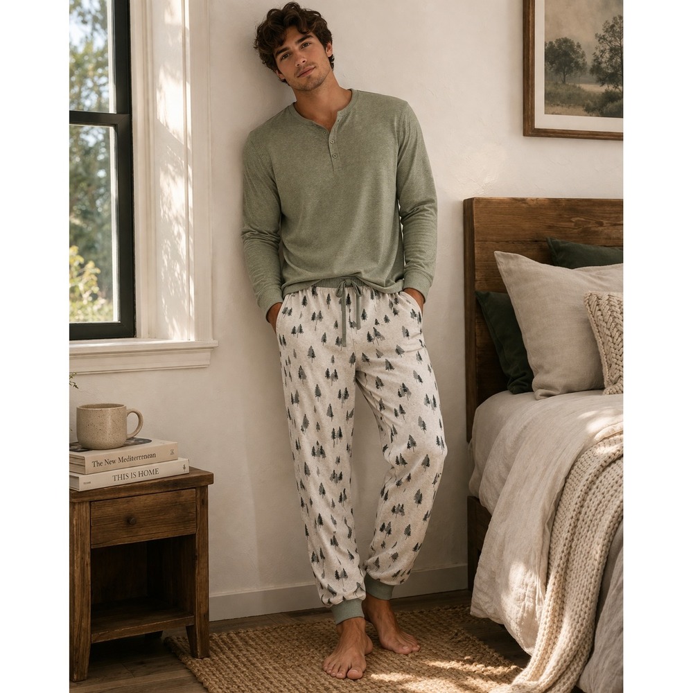 Honest Baby Pajama Pants Men XXL Cream Green Pine Tree Organic Cotton Naturecore